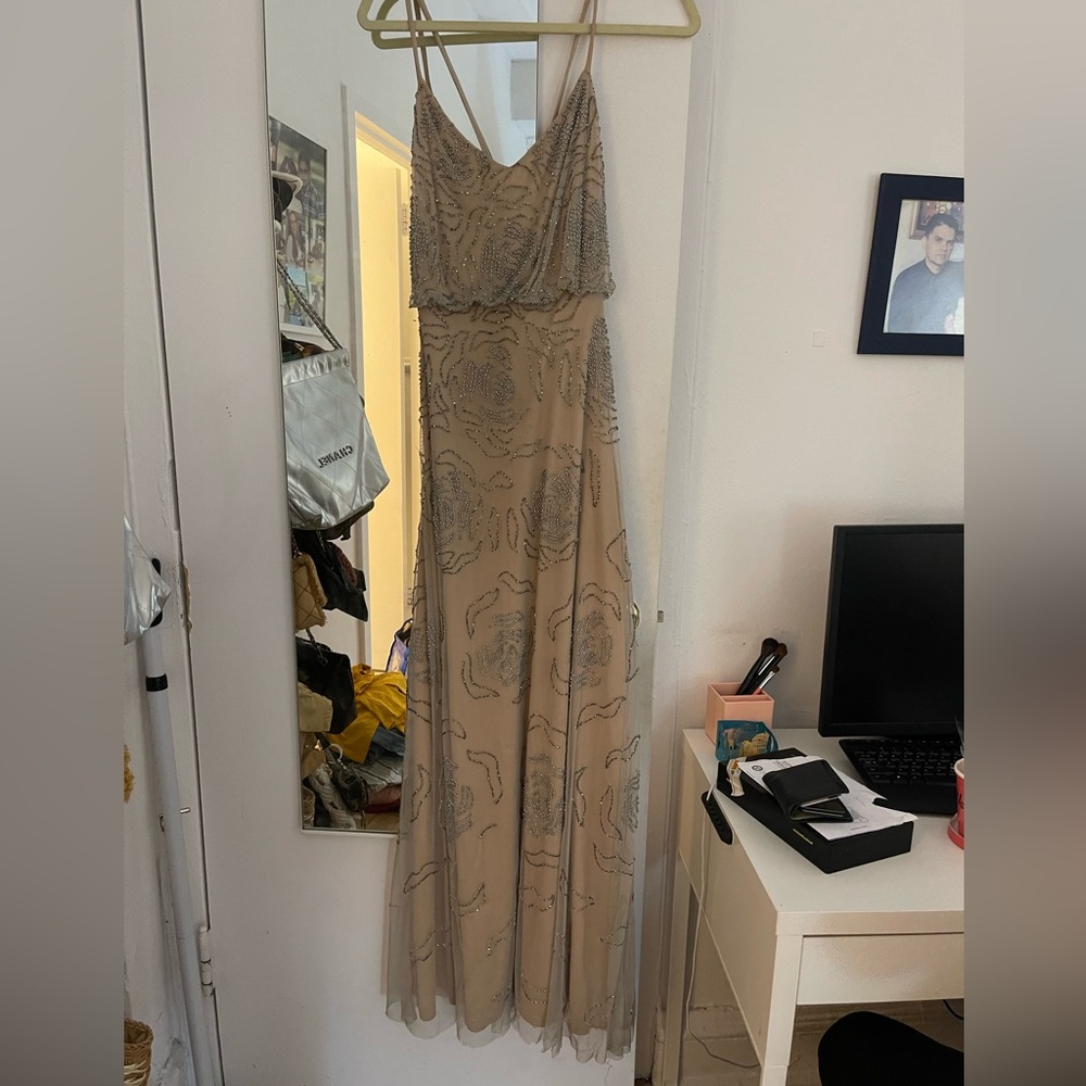 Adrianna Papell Beige Beaded Maxi Dress